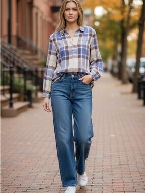 LOFT Blue, Brown, Cream Plaid Pullover Blouse